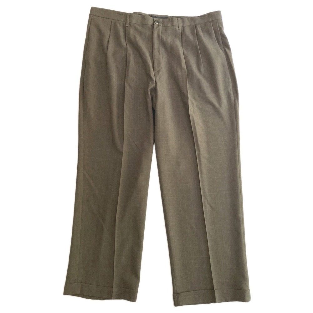 Claiborne Dress Pants Men 42x29 Brown Stretch Herringbone Pleated Cuffed NWT